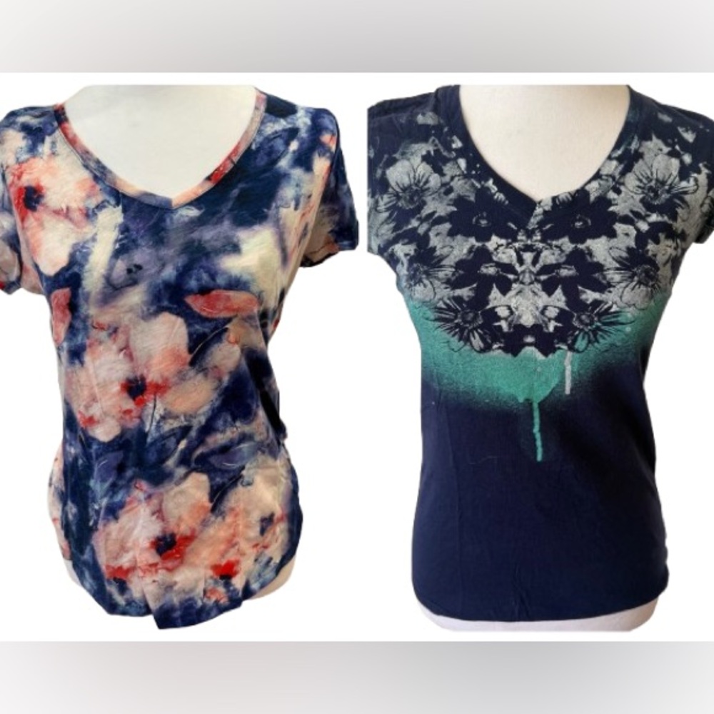 Sonoma Blue Short Sleeve Graphic and Floral Tee - Set of 2 Size Small